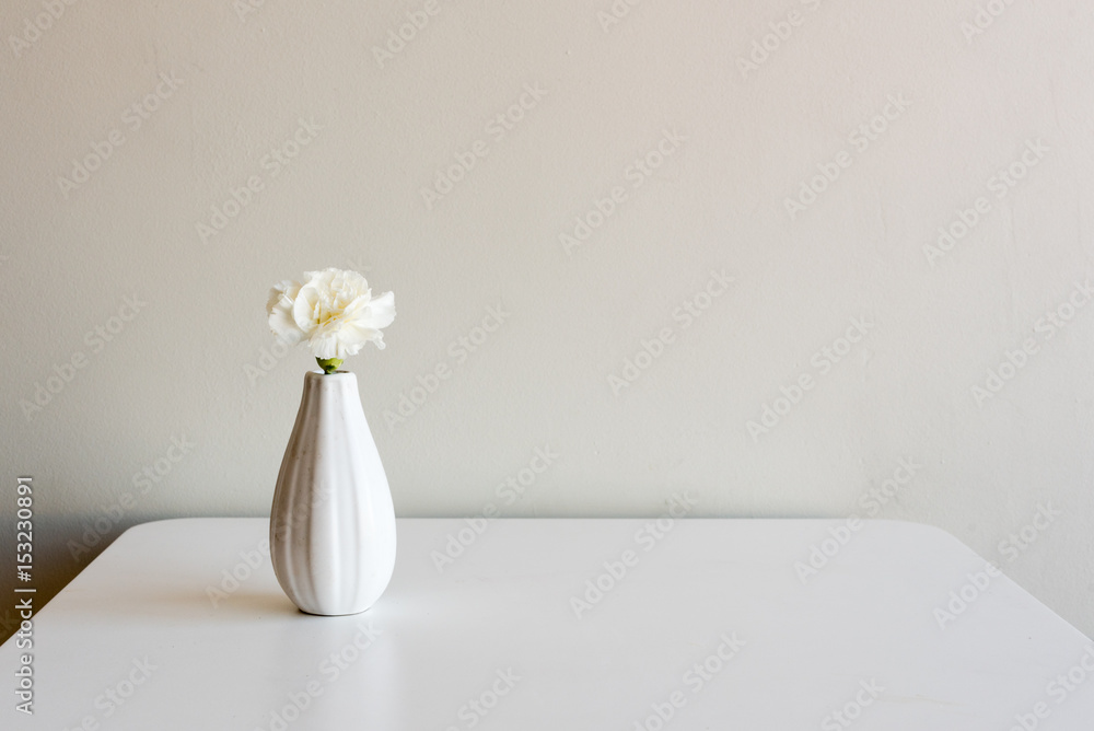 Single white carnation in small vase on white table against neutral wall background Single white carnation in small vase on white table against neutral wall background