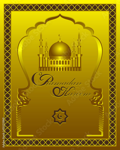 Ramadan Kareem gold greeting card. Vector islamic  background with pattern, mosque dome and the traditional ornaments.