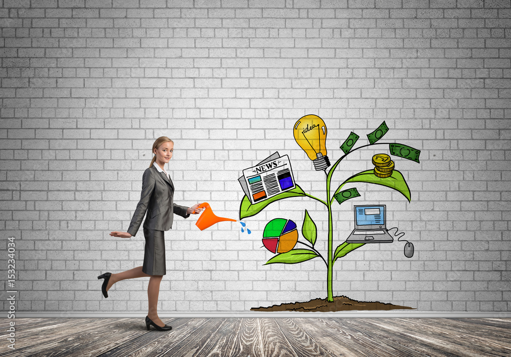 Young businesswoman in empty room watering drawn growth concept with can Young businesswoman in empty room watering drawn growth concept with can
