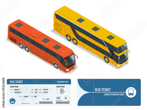 Isometric realistic bus and boarding pass ticket template design isolated on white background. Travel around the world and countries. Recreation and entertainment. Business trip. Vector illustration