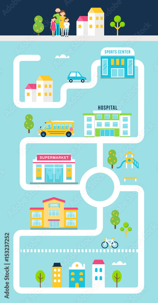 City or Town Facilities Infographics Road Map Style Template