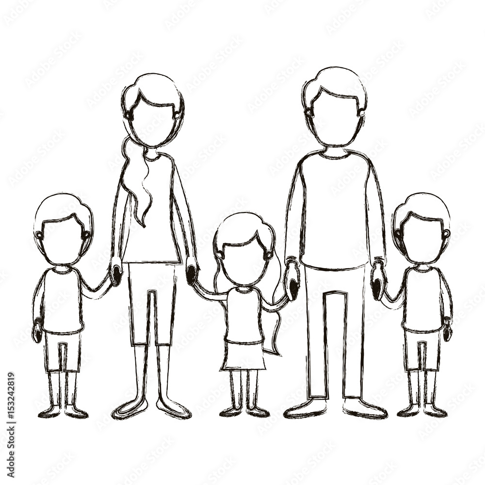 blurred silhouette caricature faceless family with young parents and little kids taken hands vector illustration blurred silhouette caricature faceless family with young parents and little kids taken hands vector illustration