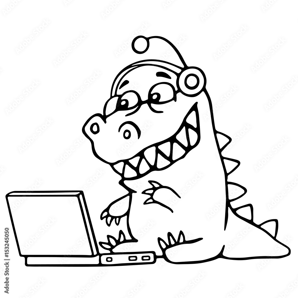 Cartoon croc played on laptop. Vector illustration. Cartoon croc played on laptop. Vector illustration.