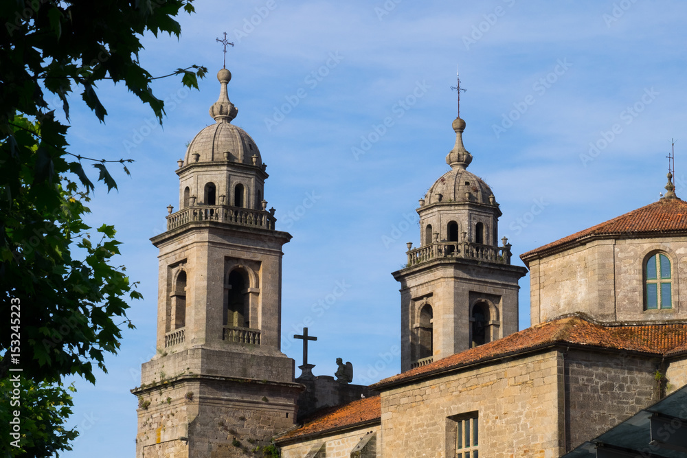 Spain, Santiago. Bell towers of Church of San Francisco founded by St. Francis of Assisi in 1214 AD.