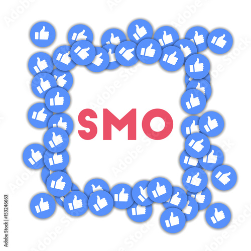 SMO. Social media icons in abstract shape background with scattered thumbs up. SMO concept in nice vector illustration.