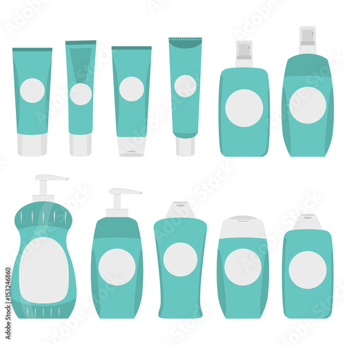 Flat cosmetic bottle mock up set isolated pack on grey background. Cosmetic brand template. Shampoo and dental care package set.