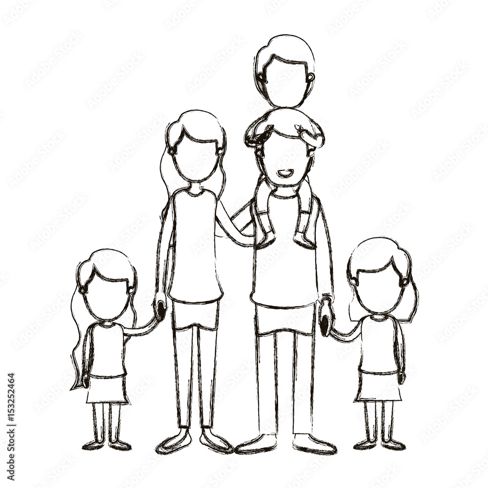 blurred silhouette caricature faceless big family parents with boy on his back and daugthers taken hands vector illustration blurred silhouette caricature faceless big family parents with boy on his back and daugthers taken hands vector illustration