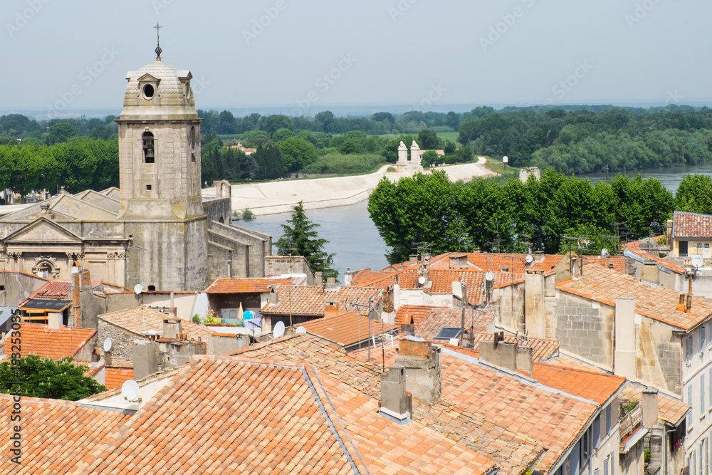 France, Arles, Old Town and the quai and river along the Rhone River, as seen from Roman Amphitheater.