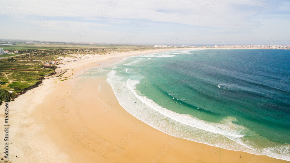 Aerial view of surfing in Baleal near Peniche, Portugal.