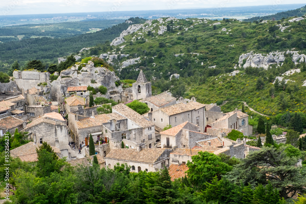 Les Baux, in and around the old Chateau, castle, small town, ruins of fortress,on top of rugged rock  Eperon Des Baux. Views of the old city from the Castle keep.