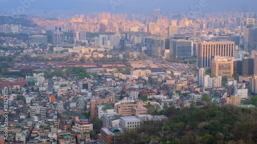 Seoul skyline and Gyeongbokgung Palace on sunset, South Korea. photo