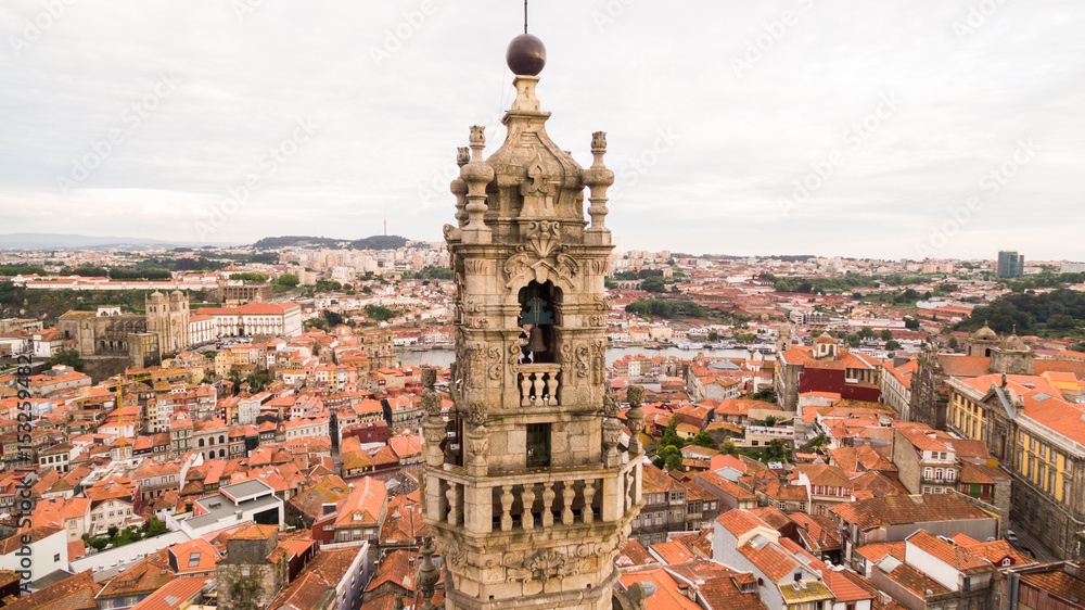 Porto cityscape with famous bell tower of Clerigos Church, Portugal aerial view
