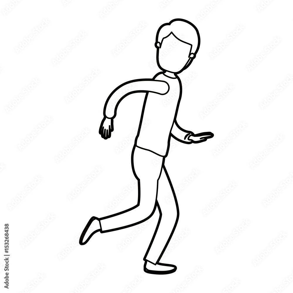 black thick contour caricature faceless full body guy with hairstyle running vector illustration