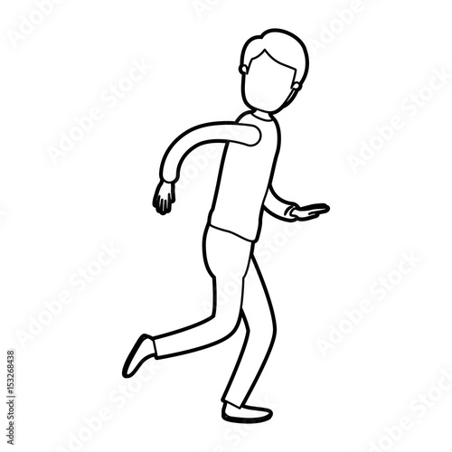 black thick contour caricature faceless full body guy with hairstyle running vector illustration