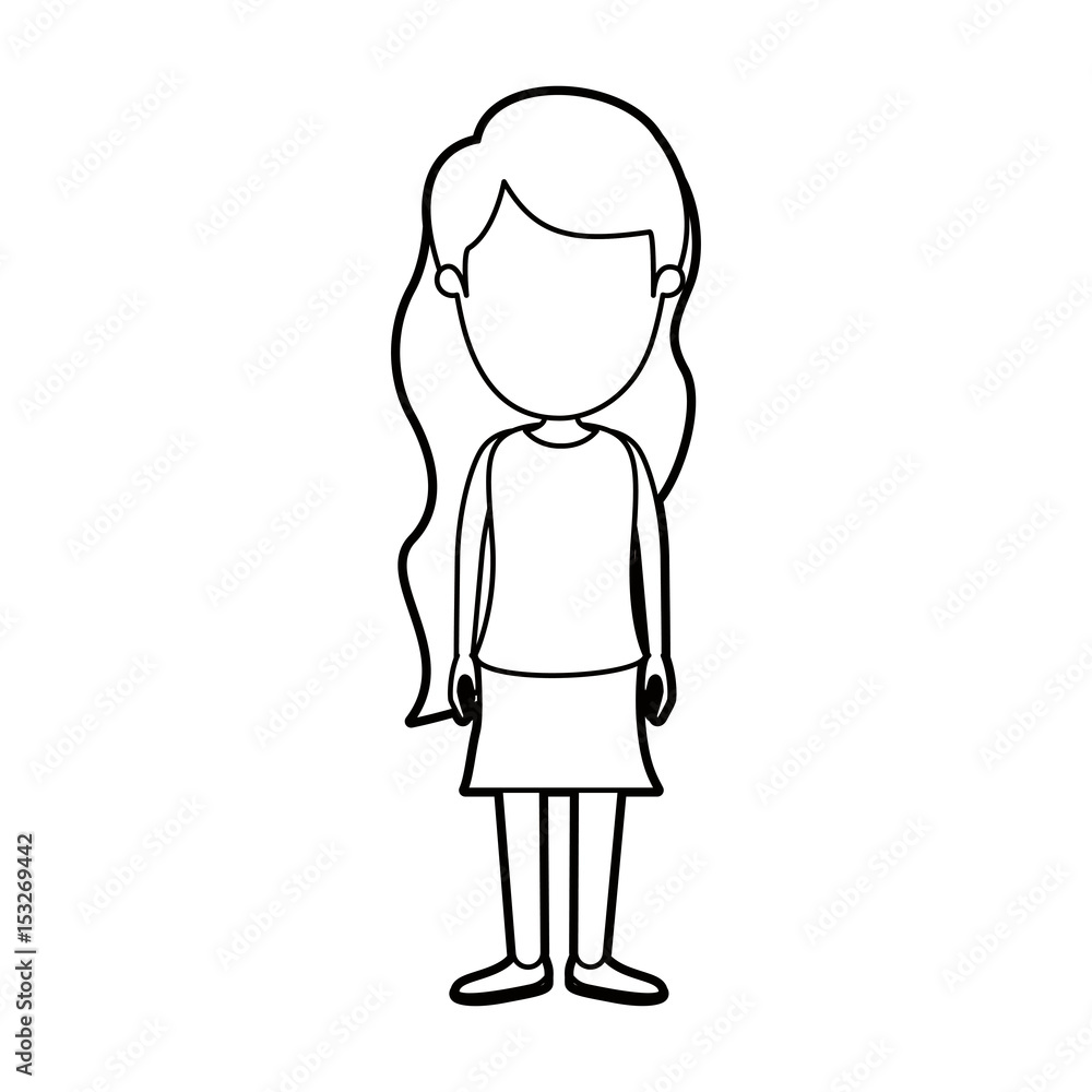 black thick contour caricature faceless full body girl with wavy long hair in skirt vector illustration black thick contour caricature faceless full body girl with wavy long hair in skirt vector illustration