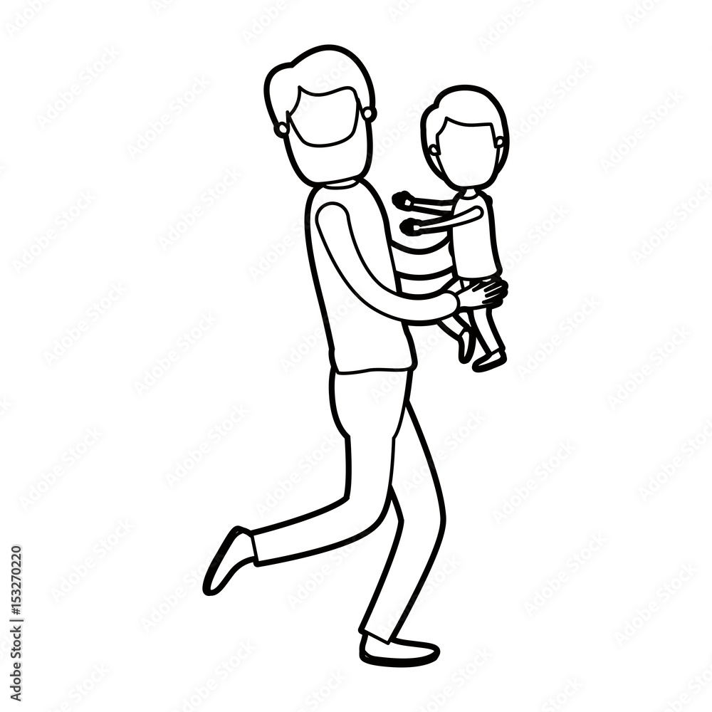 black thick contour caricature faceless full body man carrying a child vector illustration