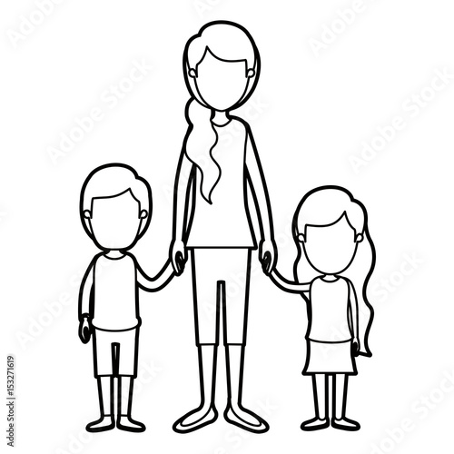 black thick contour caricature faceless full body mother taken hand with children vector illustration