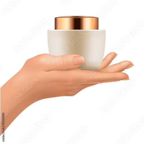 Plastic jar on hand. Mock-up of luxury cosmetic package with gold cap for skin care cream, powder or treatment mask.. Beige containers isolated vector illustration on white background.