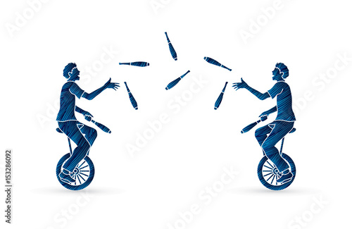 Men juggling pins while cycling together designed using grunge brush graphic vector.