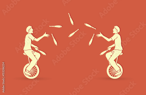 Men juggling pins while cycling together graphic vector.