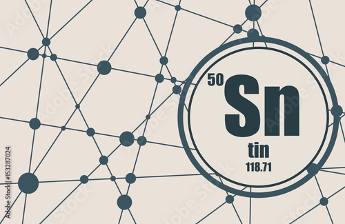 Tin chemical element. Sign with atomic number and atomic weight. Chemical element of periodic table. Molecule And Communication Background. Connected lines with dots.