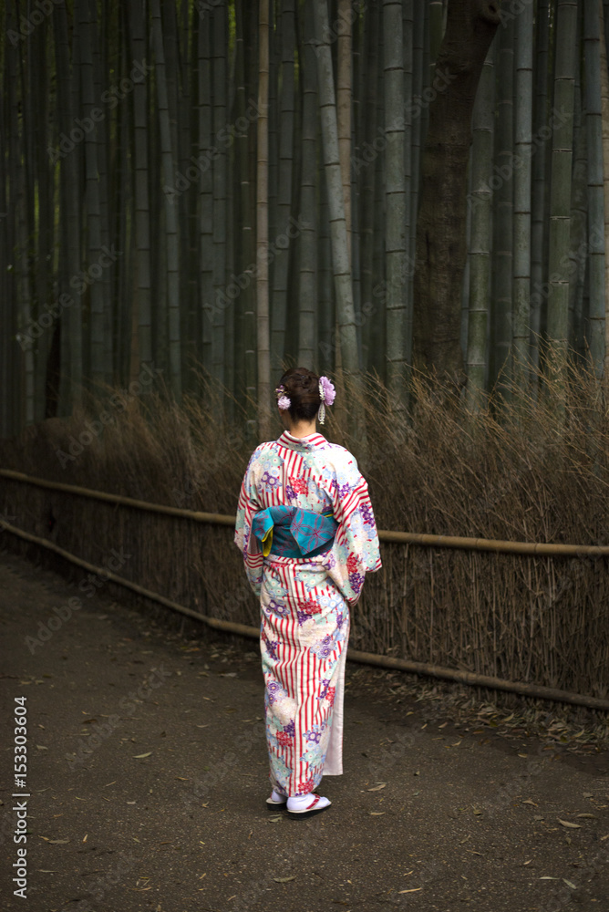 Tourist in kimono, Bamboo Forest, Kyoto Tourist in kimono, Bamboo Forest, Kyoto