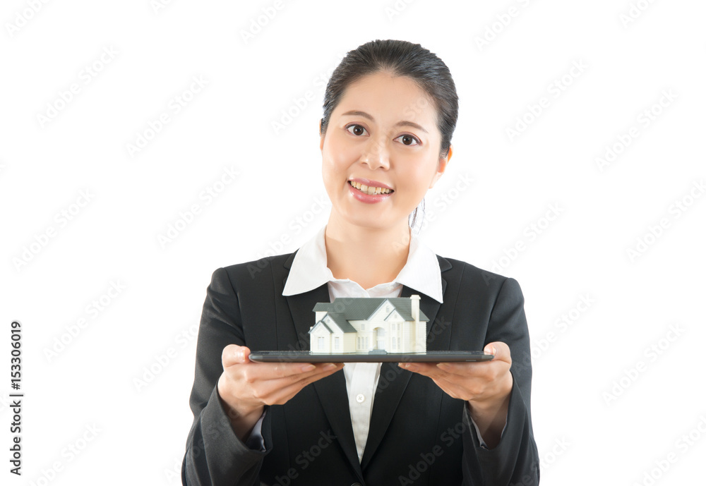 woman showing portable touch pad with model woman showing portable touch pad with model