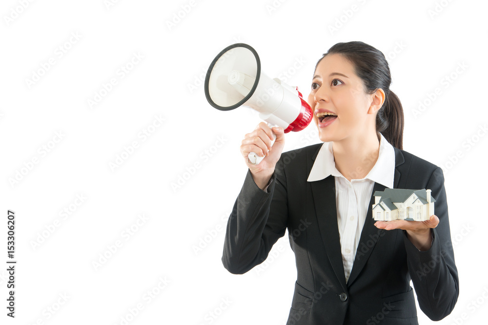 employee using megaphone publicize news employee using megaphone publicize news
