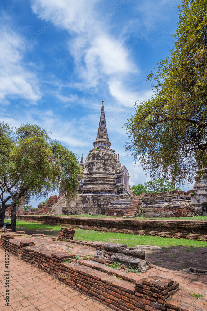 Ruins of buddha statues and pagoda of Wat Phra Si Sanphet in Ayutthaya historical park, Thailand