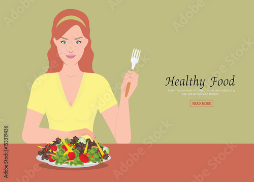 Young women holding fork to eating salad on the table.