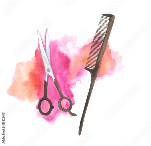Watercolor scissors and comb illustration