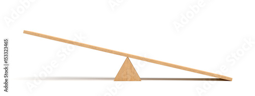 3d rendering of a light wooden seesaw with the right side leaning to the ground on white background. photo