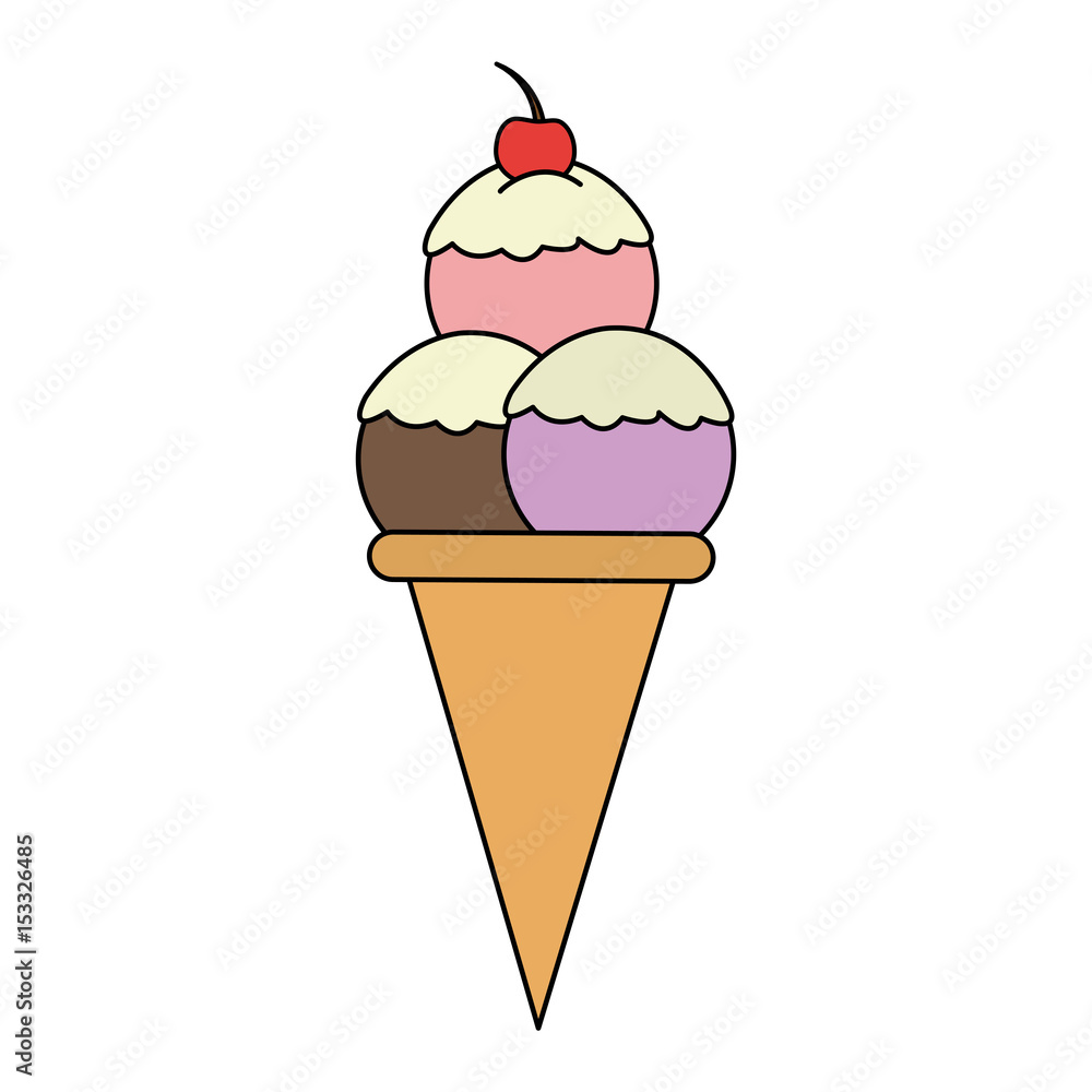 color image cartoon ice cream cone with three balls and cherry vector  illustration Stock Vector | Adobe Stock