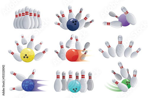 Bowling ball crashing into the pins isolated on white background skittles ninepins kegling vector illustration