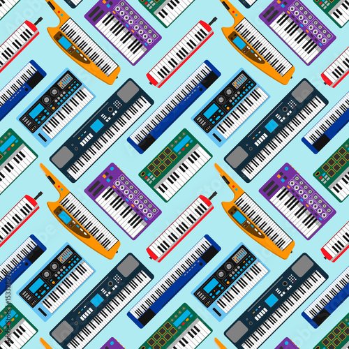 Synthesizer piano musical keyboard equipment seamless pattern vector illustration.