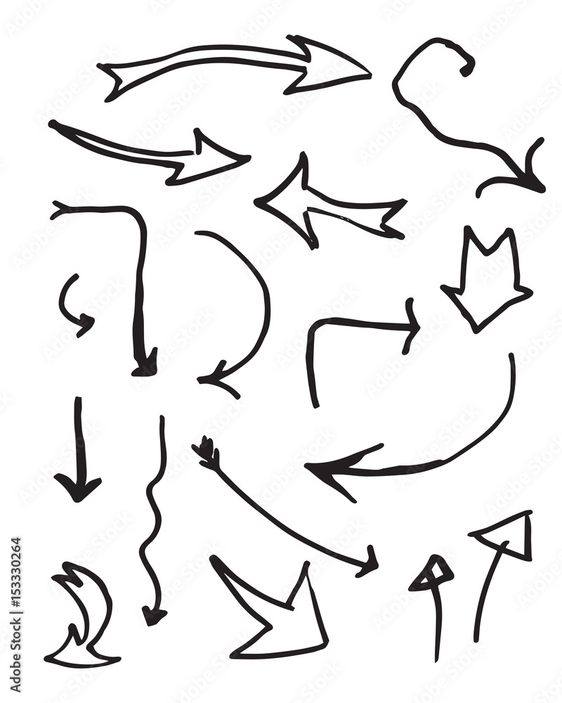 Set of arrows with different shapes and orientations. Black and white line. Hand-painted signs. Set of arrows with different shapes and orientations. Black and white line. Hand-painted signs.