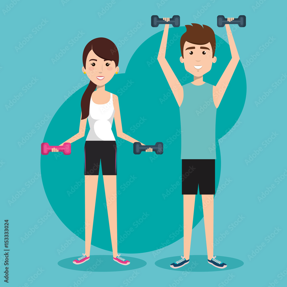 Exercising people holding dumbbells over teal background. Vector illustration. Exercising people holding dumbbells over teal background. Vector illustration.