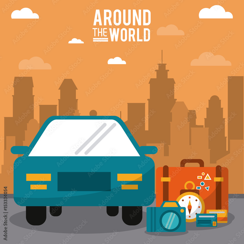 around the world. car vehicle baggage clock credit card with city background vector illustration