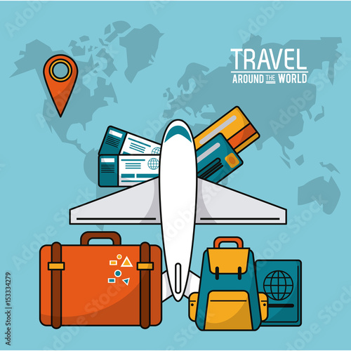travel around the world. airplane luggage passport tickets credit card map world vector illustration