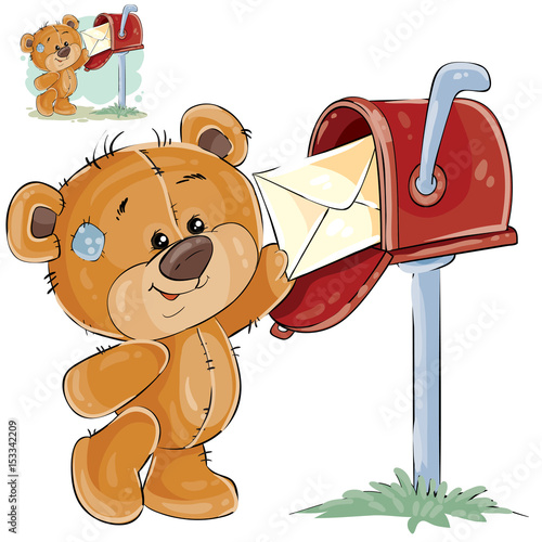 Vector illustration of a brown teddy bear takes from a letter box the received letter. Print, template, design element