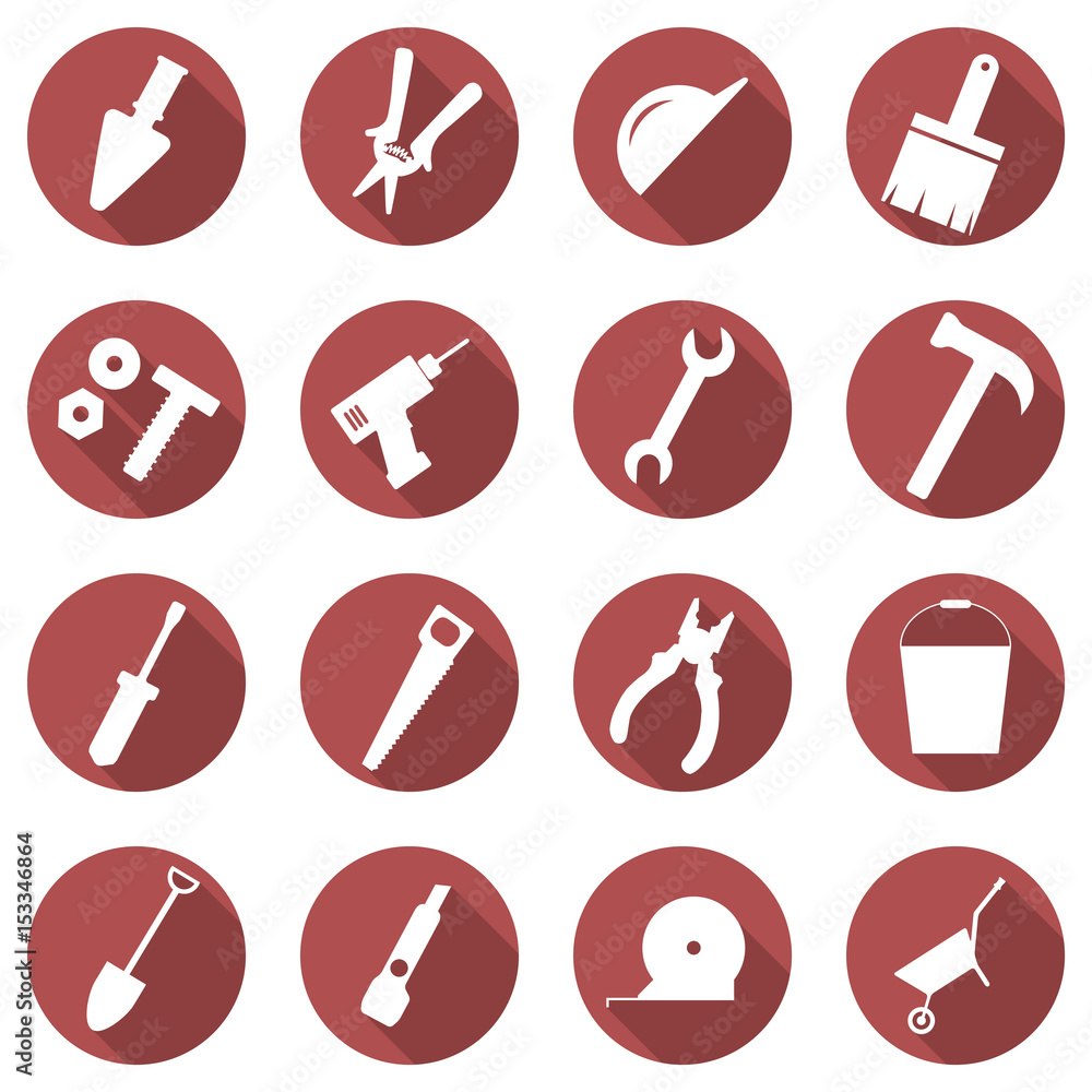 Vector set of building concept icons. Flat images of tools. Badges in the red circle. Vector set of building concept icons. Flat images of tools. Badges in the red circle.