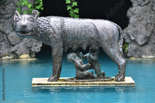 Copy of famous bronze statue of mother wolf of Romulus and Remus.