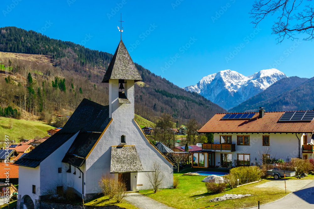 Mountain landscape and church Zum Guten Hirten by Ramsau in Bavaria