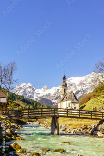 Mountain landscape and church by Ramsau in Bavaria
