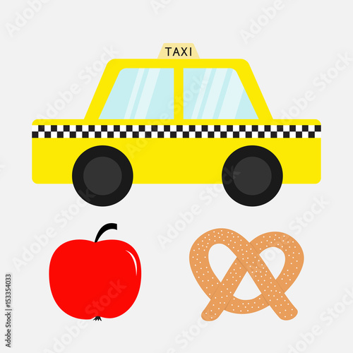 Taxi car cab icon. Soft pretzel bakery. Red apple fruit. New York symbol. Cartoon transportation collection. Yellow taxicab. Checker line, light sign. Isolated. White background.