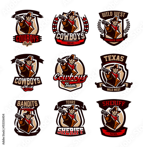 A set of colorful emblems, logos, cowboy with a revolver. Wild West, a bandit, a robber, a sheriff, a gunfight. Vector illustration