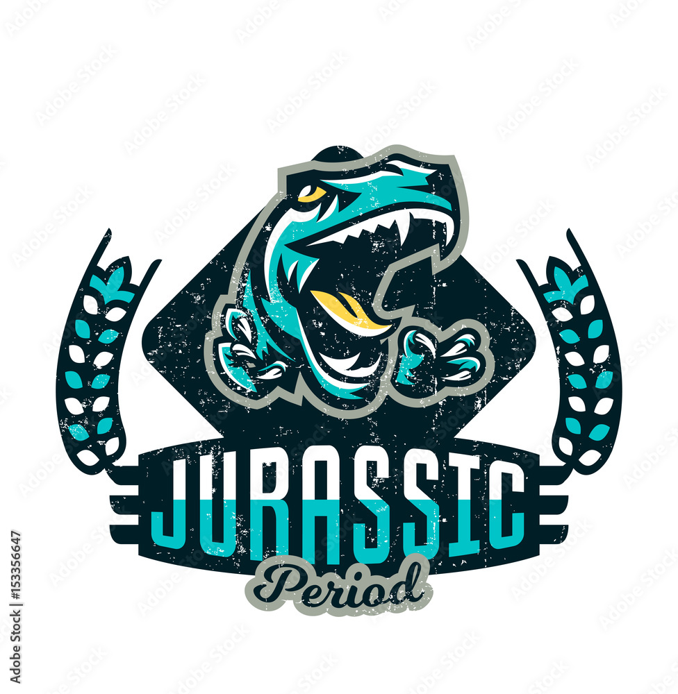 Design for printing on a T-shirt isolated on a white background, dinosaur of the Jurassic period. American, vintage, grunge effect, emblem. Ancient world, the era of dinosaurs. Vector illustration