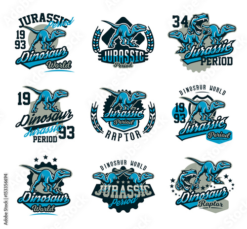 Collection of design for printing on a T-shirt isolated on white background, dinosaur of the Jurassic period. Logo, emblem, sticker, lettering. Ancient world, the era of dinosaurs. Vector illustration