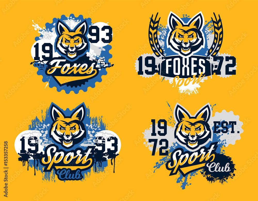 Fototapeta premium A set of prints on a T-shirt, isolated on a white background, an aggressive American fox, a forest predator. Sports identity, club logo, lettering, text. Vector illustration, grunge effect