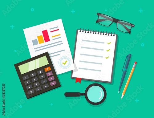 Analytics planning things data on table top view, audit evaluation process, financial research report with graphs, analyzing, survey or checklist on notebook vector illustration flat cartoon style